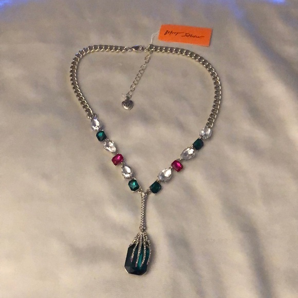 Betsey Johnson Silver Tone Skeleton Hand Y Drop Pendant Necklace Crystal NWT - Picture 12 of 16